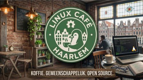 Logo of Linux Café Haarlem with a Café background.