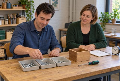 Een man sorteert onderdelen aan een werktafel terwijl een vrouw rustig meekijkt.