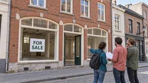Illustration of three people viewing a historic building with a FOR SALE sign as a potential new workshop