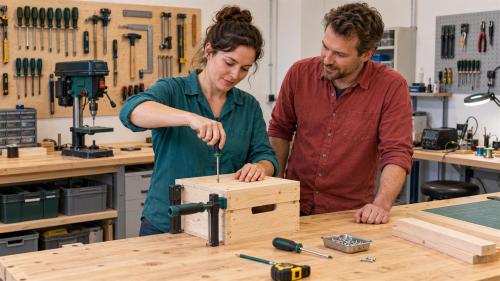Working on a personal woodworking project with someone nearby to offer advice