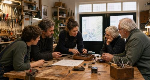 Samen overleggen rond een werkbank met gereedschap, tekeningen en onderdelen.