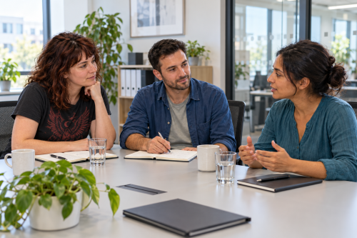 Three professionals having a discussion in an office