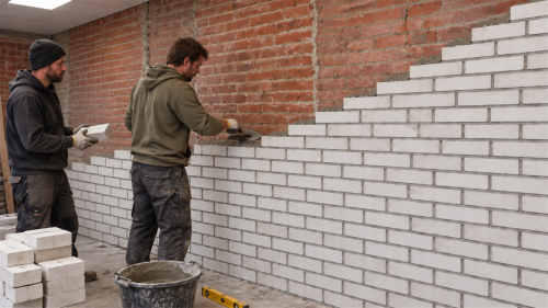 A white masonry wall under construction in a workshop.