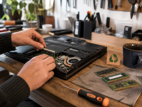 Notebook op een werkbank met RAM-geheugen en gereedschap voor hergebruik en reparatie.