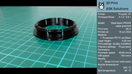 The black PETG cable grommet on a cutting mat, with the print data shown alongside a frame from our YouTube video.
