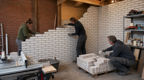 Witte stenen wand in aanbouw in een werkplaatsruimte.
